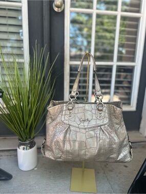 Coach Metallic Croc-Embossed Tote Bag - Silver